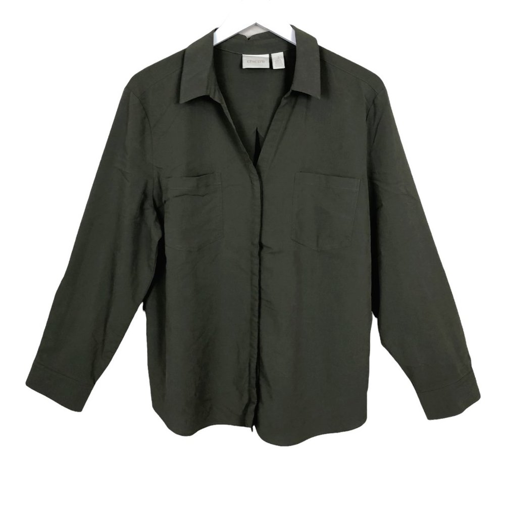 Chico's Hidden Button Up Shirt Women's 3/ XL Long Sleeves V-Neck Casual Olive